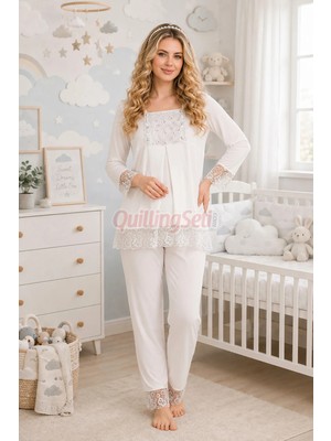 Quilling Ekru Renkli, Dantel Detaylı, 33203 Uzun Kol, 2 Parça Lohusa Hamile Pijama Takımı