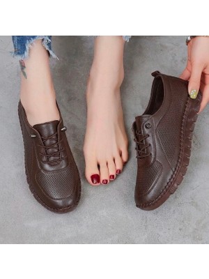 Beren Hakiki Deri Acı Kahve Kadın Ayakkabı Lazer Delikli Ortopedik Taban Casual Günlük Yürüyüş Ayakkabısı Sneakers