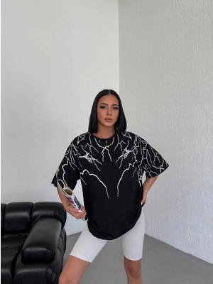 Pileli Store Bisiklet Yaka Baskılı Oversize T-Shirt - Siyah -