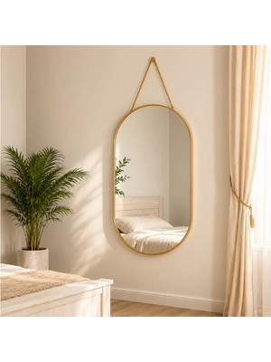 Nevamel® Dekoratif Duvar Aynası - Gold Metal Çerçeveli - Ip Askılı - 24X40 cm