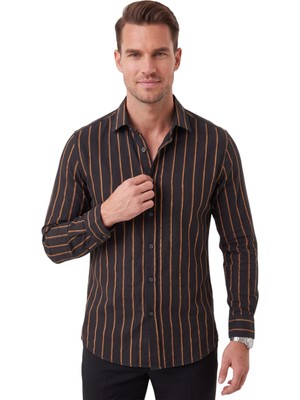 RizzUP Erkek %100 Pamuk Slim Fit Dar Kesim Keten Dokulu Çizgili Uzun Kollu Siyah Gömlek 2600034