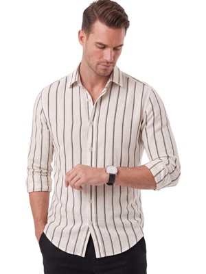 Deepsea Erkek %100 Pamuk Slim Fit Dar Kesim Keten Dokulu Çizgili Uzun Kollu Beyaz Gömlek 2600034