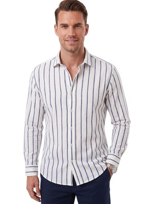 Deepsea Erkek %100 Pamuk Slim Fit Dar Kesim Keten Dokulu Çizgili Uzun Kollu Lacivert Gömlek 2600034