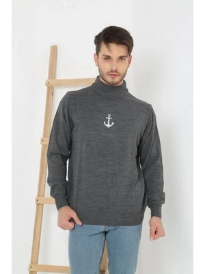 Pileli Store Yarım Boğazlı Baskılı Dokuma Triko - Füme -
