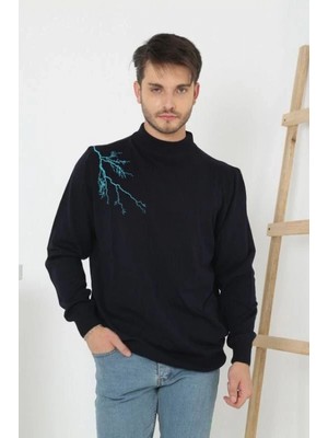 Pileli Store Yarım Boğazlı Baskılı Dokuma Triko - Siyah -