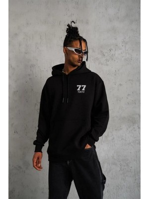 Pileli Store Kapşonlu Baskılı Sweetshirt - Siyah -