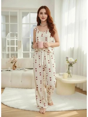 Çamaşır Kenti Kadın Ekru Kırmızı Kalp Desenli Uzun Pijama Takımı Yumuşak Pamuklu Rahat Ev Giyimi Özel Tasarım