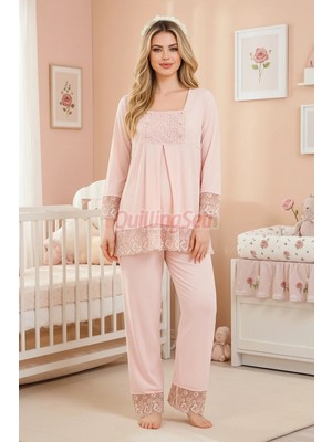 Quilling Bebe Pembe Renkli Dantel Detaylı, 33203 Uzun Kol, 2 Parça Lohusa Hamile Pijama Takımı