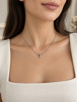 Zirkon Taşlı T Harfi Kolye Gümüş Renk 40+5 cm Ayarlanabilir Kadın Kolye 316L Paslanmaz Çelik