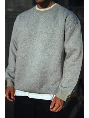 Pileli Store Kışlık Bisiklet Yaka Üç Iplik Basic Sweatshirt - Gri -