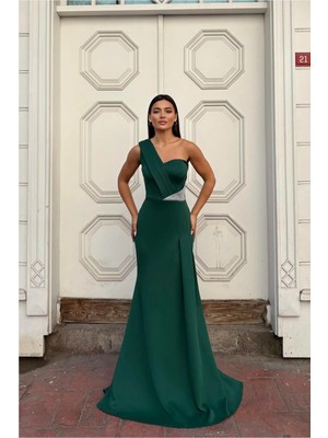 Euro Class Kadın Özel Tasarım Tek Omuz Taş Detaylı Abiye Elbise