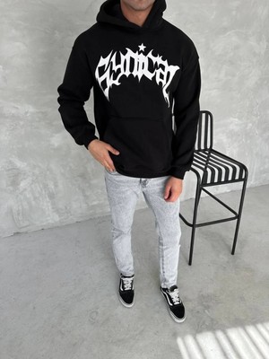 Pileli Store Üç Iplik Kapüşonlu Baskılı Sweatshirt - Siyah -