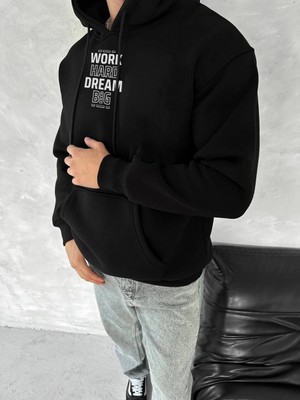 Pileli Store Kışlık Üç Iplik Kapüşonlu Sweatshirt - Siyah -