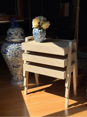 Tafo 3'lü Tepsi Zigon Sehpa Traverten Desen 50X35