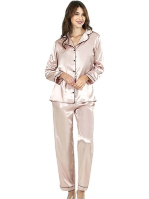 TKÇ Şık Tasarım Yumuşak Dokulu Biyeli Önden Düğmeli Pudra Ikili Saten Gecelik Pijama Takımı