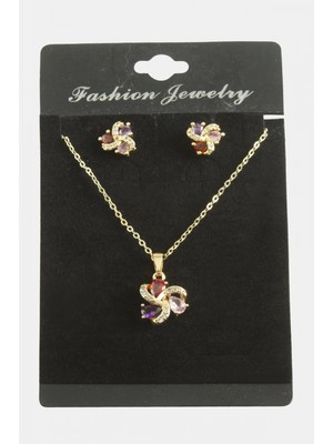 Pileli Store Çiçek Damla Zirkon Taşlı Set Kolye