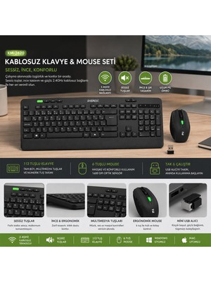 Ankaverse Kablosuz Klavye - Mouse Seti Siyah USB - Sessiz - Switch Q Klavye KM-2620 (5286)