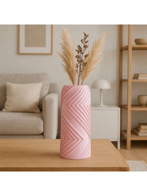 Bin1çeşit 3D Baskı Vector Vazo - Geometrik Çizgili Dekoratif Vazo-Pembe