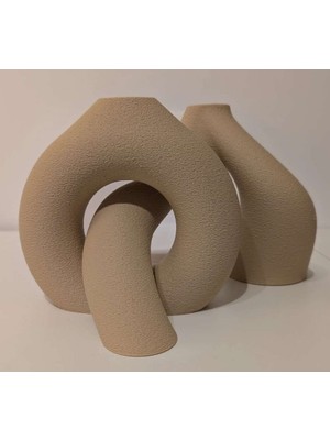 Bin1çeşit 3D Baskı 2li Organik Formlu Vazo Seti Kum Dokulu Modern Kuru Çiçeklik Bej Dekoratif Ikili Set