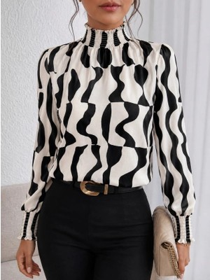 Defy Moda Kadın Uzun Kollu Balıkçı Yakalı Desenli Süprem Bluz
