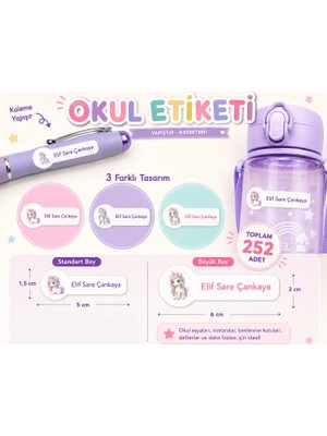 Vuud Kişiye Özel Pastel Mat Renkli Okul Etiketi Seti 252 Adet - Unicorn Serisi Isim Etiketi (Kalem, Defter)