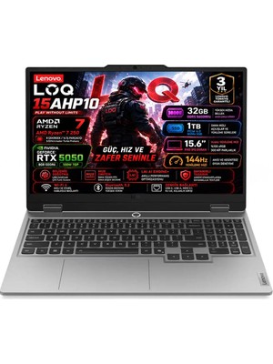 Lenovo LOQ 15AHP10 AMD Ryzen 7 250 32GB 1TB SSD RTX 5050 8GB (100W) 15.6" FHD IPS Panel 144Hz Freedos Taşınabilir Bilgisayar 83JG00BNTR