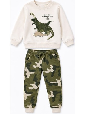Yiğit Butik Erkek Bebek Dinozor Baskılı Sweatshirt Kamuflaj Pantolon 2’li Alt Üst Takım 6 Ay-4 Yaş