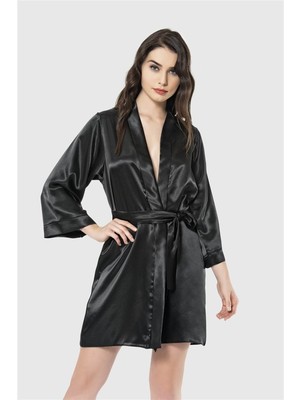 Melonika Siyah Kısa Saten Sabahlık