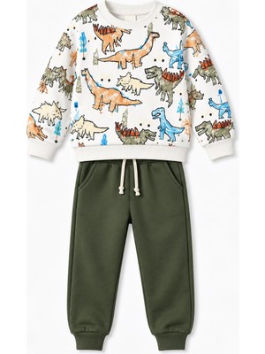 Yiğit Butik Erkek Bebek Dinozor Desenli Sweatshirt ve Haki Pantolon 2’li Alt Üst Takım