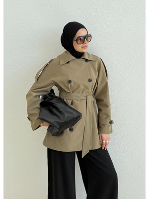 Moda Aksa NEW KUŞAKLI DİK YAKA TRENÇKOT YEŞİL