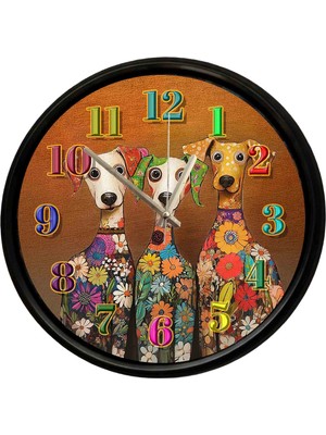 Caseras Çiçek Desenli Sevimli Köpekler Temalı Duvar Saati 28 cm – Sessiz Mekanizma Modern Dekor