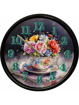 Caseras Çiçek Buketli Vintage Fincan Tasarımlı Dekoratif Duvar Saati 28 cm Sessiz Mekanizma
