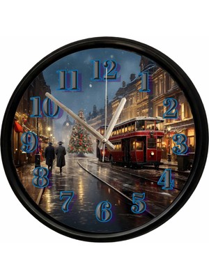 Caseras Nostaljik Tramvay ve Yılbaşı Şehri Tasarımlı Dekoratif Duvar Saati 28 cm Sessiz Mekanizma