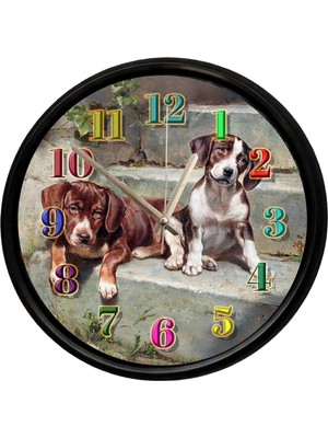Caseras Sevimli Yavru Köpekler Tasarımlı Dekoratif Duvar Saati 28 cm Sessiz Mekanizma