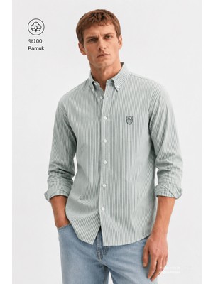 Ucla HUGH Yeşil Nakışlı %100 Pamuk Çizgili Standard Fit Erkek Gömlek