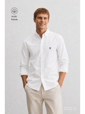 Ucla TYSON Beyaz Nakışlı %100 Pamuk Poplin Standard Fit Erkek Gömlek