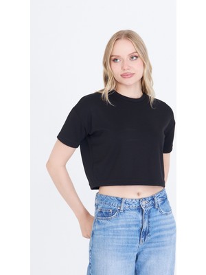 Thiff Gymwear Kadın Siyah Baskısız Yuvarlak Yaka Crop Tişört T-Shirt