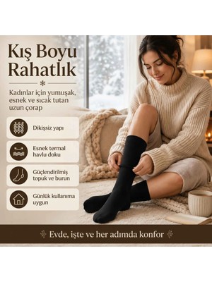 Kadın Siyah 12’li Kışlık Termal Uzun Çorap | Dikişsiz, Esnek Havlu Dokulu, Sıcak Tutan, Güçlendirilmiş Topuk ve Burun