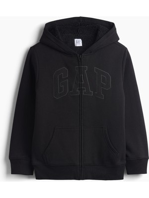 Gap Erkek Çocuk Siyah Sherpa Astarlı Logo Fermuarlı Sweatshirt
