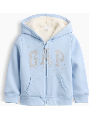 Gap Kız Bebek Açık Mavi Sherpa Astarlı Logo Fermuarlı Sweatshirt