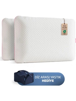 Viscotex 2'li Set Hava Kanallı Ortopedik Visco Yastık 60X40X14 cm Beyaz-Pembe + Diz Arası Yastık