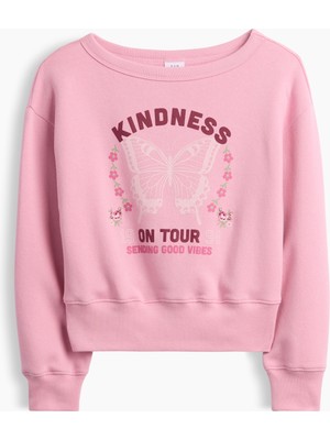 Gap Kız Çocuk Pembe Relaxed Bisiklet Yaka Grafik Baskılı Sweatshirt