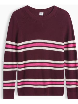 Gap Kız Çocuk Bordo Relaxed Çizgili Bisiklet Yaka Kazak