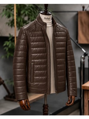 Moda Erkek Kahve Şişme Hakiki Kuzu Derisi Fermuarlı Deri Mont Ceket