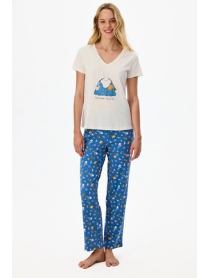 Penti Mavi Pajamas Only Aksesuar Desenli Pantolon Kısa Kollu Pijama Takımı