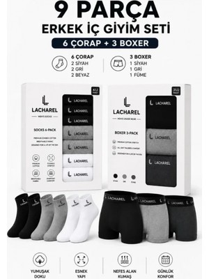 Pileli Store Erkek 9lu Iç Giyim Seti Pamuklu 3 Boxer 6 Çorap Çoklu Paket - Siyah - Füme - Gri - Beyaz