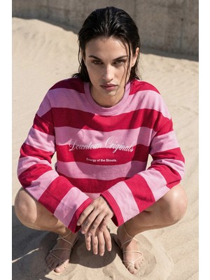 Hiccup Kadınlar %100 Pamuk Oversize Çizgili Sweatshirt Kırmızı