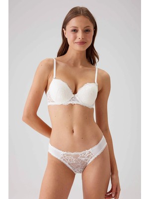 Pierre Cardin Ekru 4561 Milan Push Up Dolgulu Dantelli Çeyiz Sütyen ve Külot İç Çamaşır Takımı