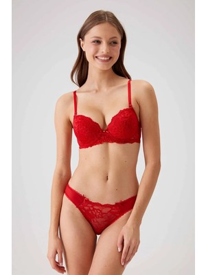 Pierre Cardin Kırmızı 4561 Milan Push Up Dolgulu Dantelli Çeyiz Sütyen ve Külot İç Çamaşır Takımı