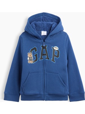 Gap Erkek Bebek Mavi Sherpa Astarlı Logo Fermuarlı Sweatshirt